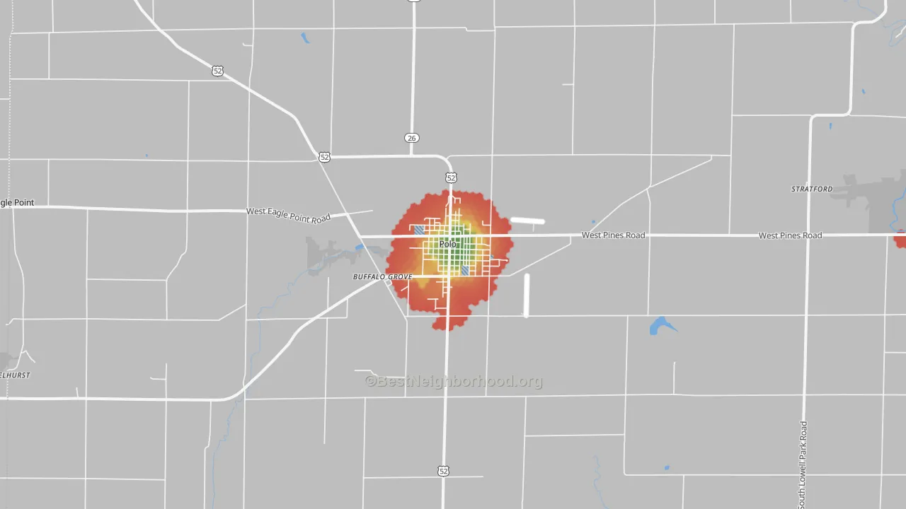 Walk Grade map of 61064, IL, walkable areas in green and car-dependent areas in red