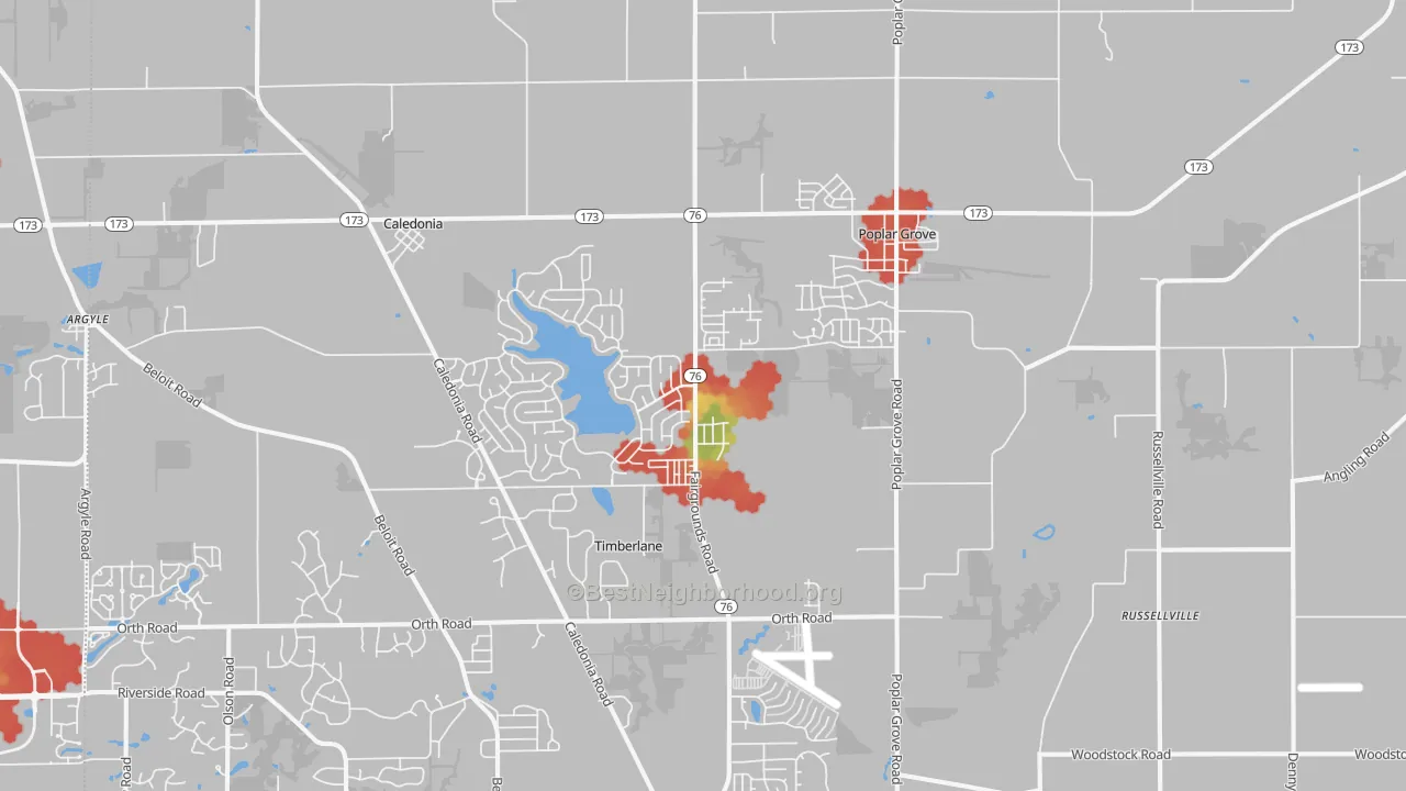 Walk Grade map of 61065, IL, walkable areas in green and car-dependent areas in red