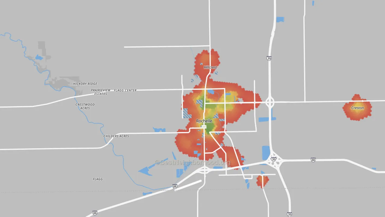 Walk Grade map of 61068, IL, walkable areas in green and car-dependent areas in red