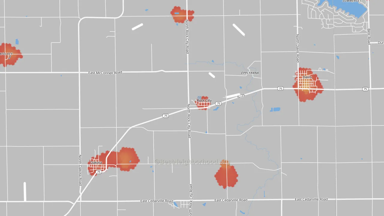 Walk Grade map of 61070, IL, walkable areas in green and car-dependent areas in red
