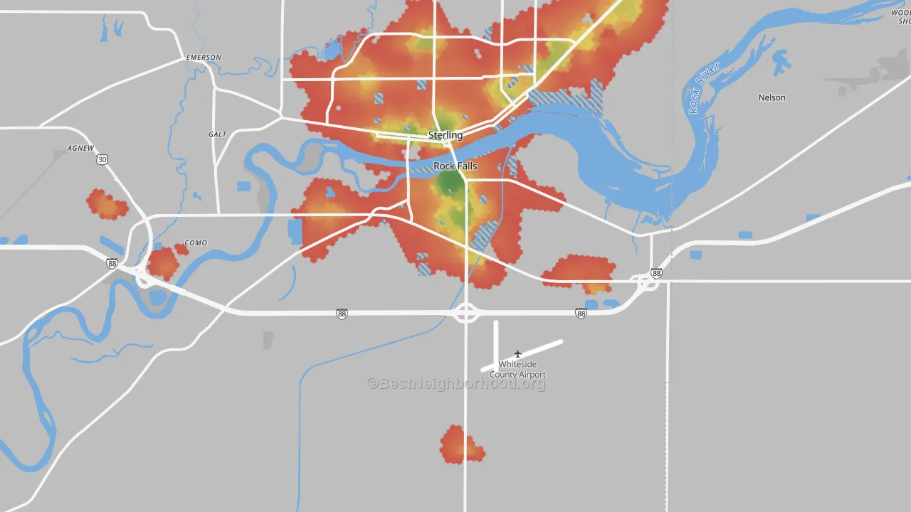 Walk Grade map of 61071, IL, walkable areas in green and car-dependent areas in red
