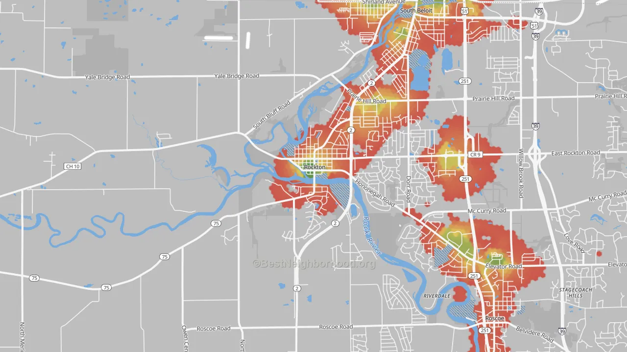 Walk Grade map of 61072, IL, walkable areas in green and car-dependent areas in red