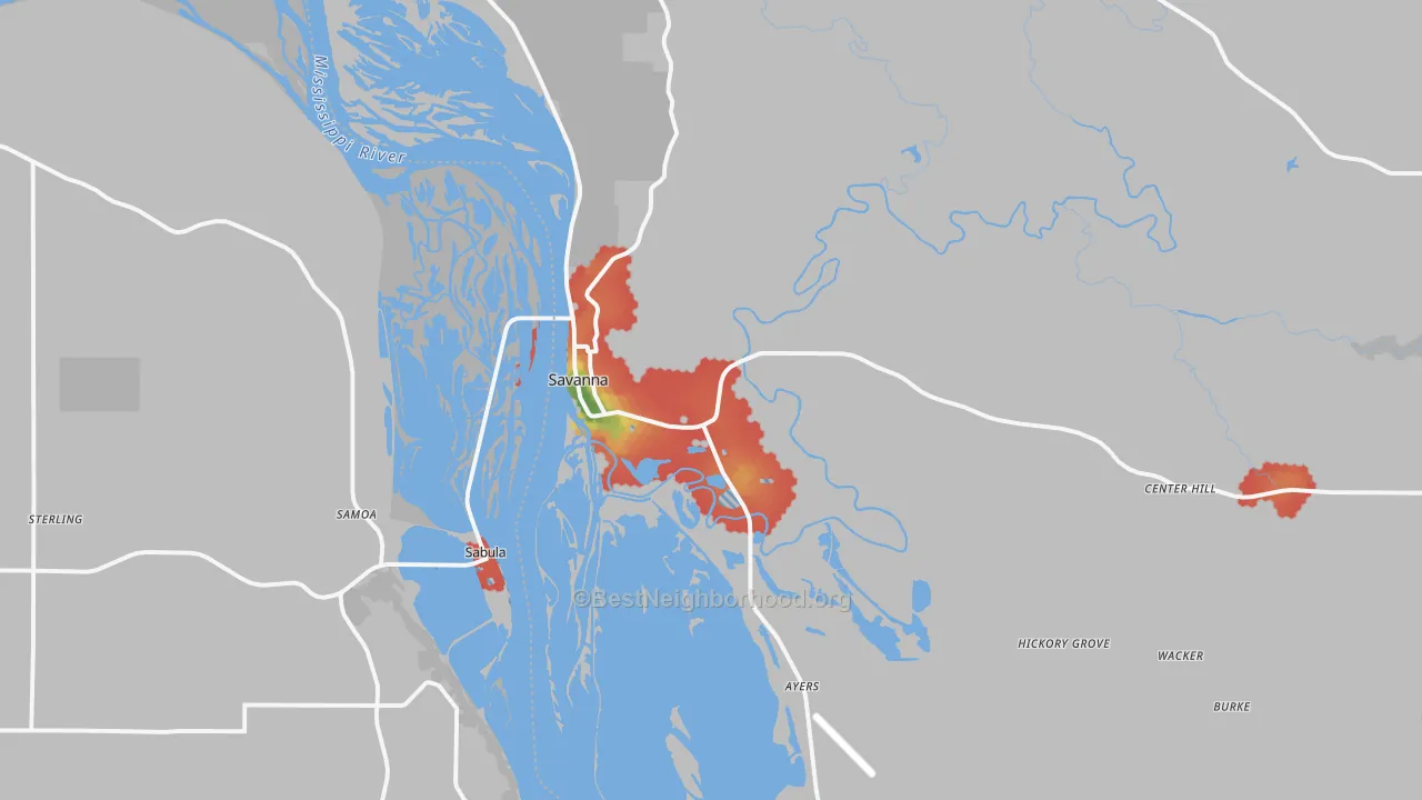 Walk Grade map of 61074, IL, walkable areas in green and car-dependent areas in red