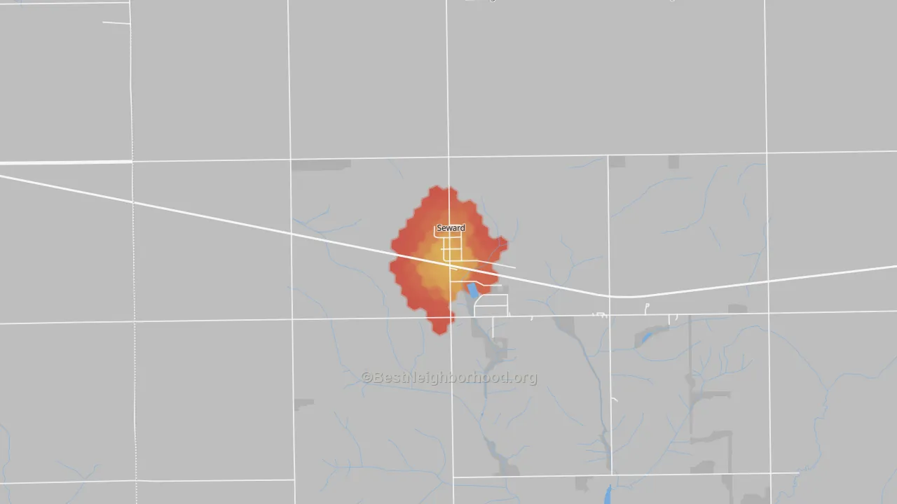 Walk Grade map of 61077, IL, walkable areas in green and car-dependent areas in red