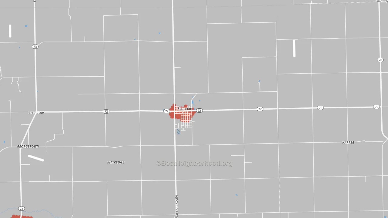 Walk Grade map of 61078, IL, walkable areas in green and car-dependent areas in red