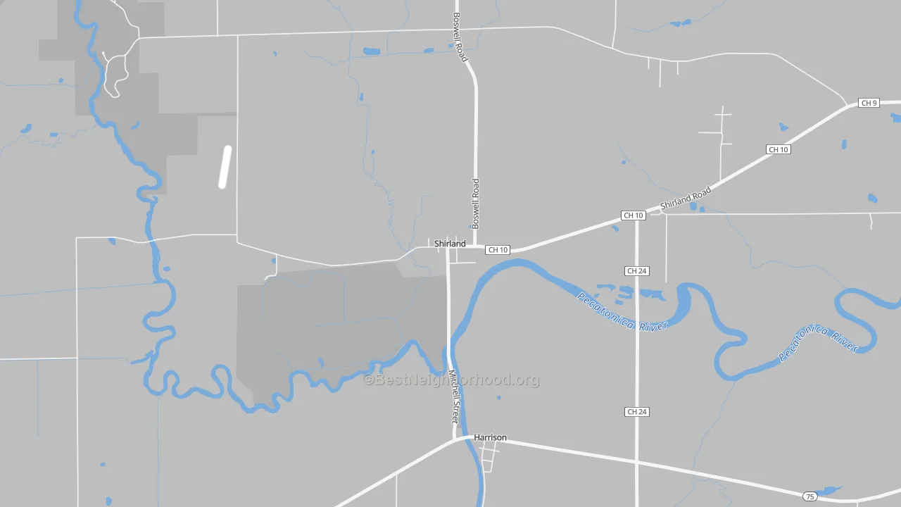 Walk Grade map of 61079, IL, walkable areas in green and car-dependent areas in red