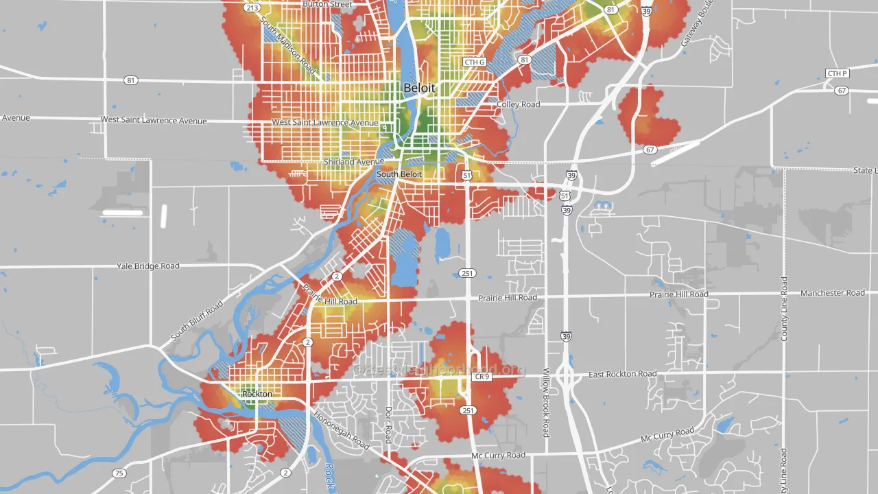 Walk Grade map of 61080, IL, walkable areas in green and car-dependent areas in red