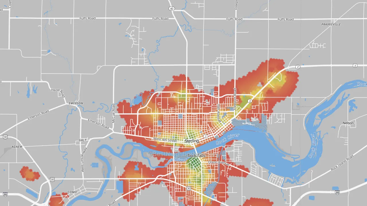 Walk Grade map of 61081, IL, walkable areas in green and car-dependent areas in red