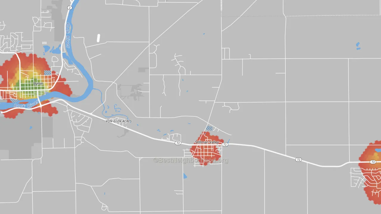 Walk Grade map of 61084, IL, walkable areas in green and car-dependent areas in red