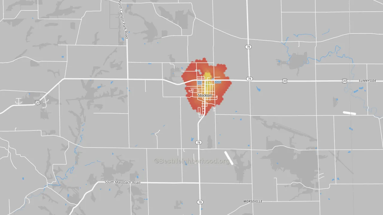 Walk Grade map of 61085, IL, walkable areas in green and car-dependent areas in red