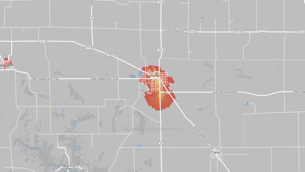 Walk Grade map of 61087, IL, walkable areas in green and car-dependent areas in red