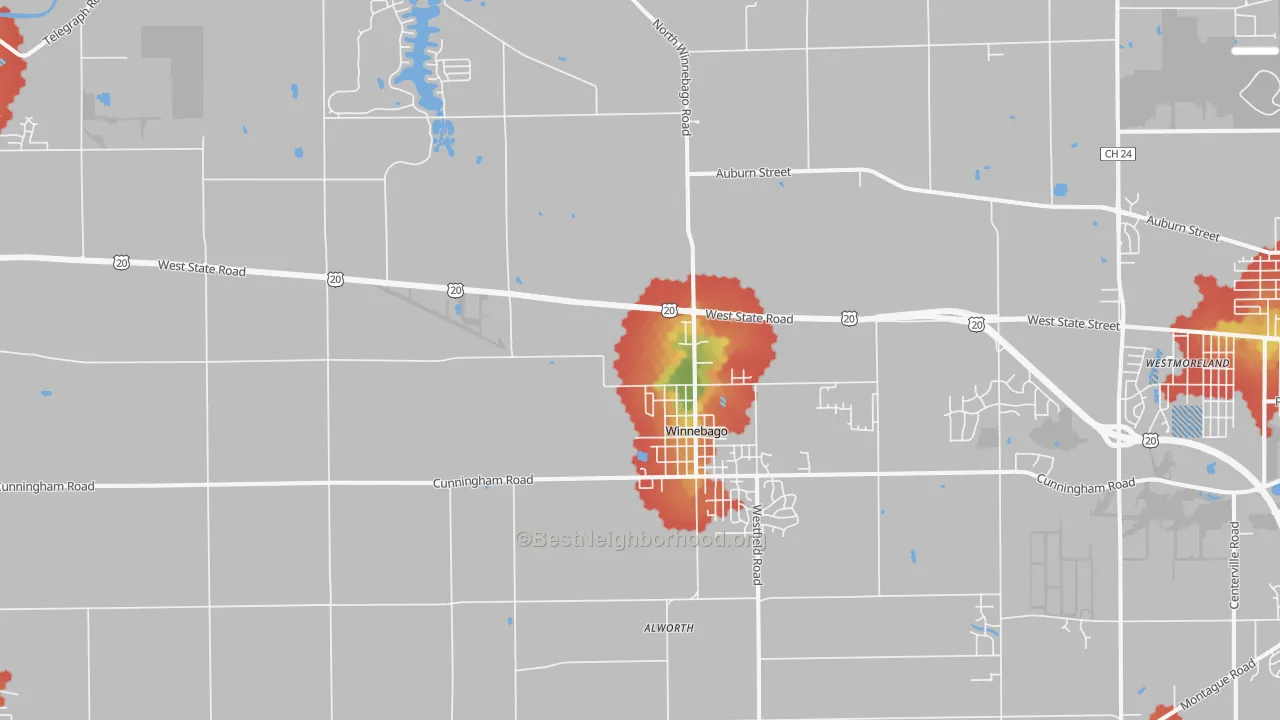 Walk Grade map of 61088, IL, walkable areas in green and car-dependent areas in red