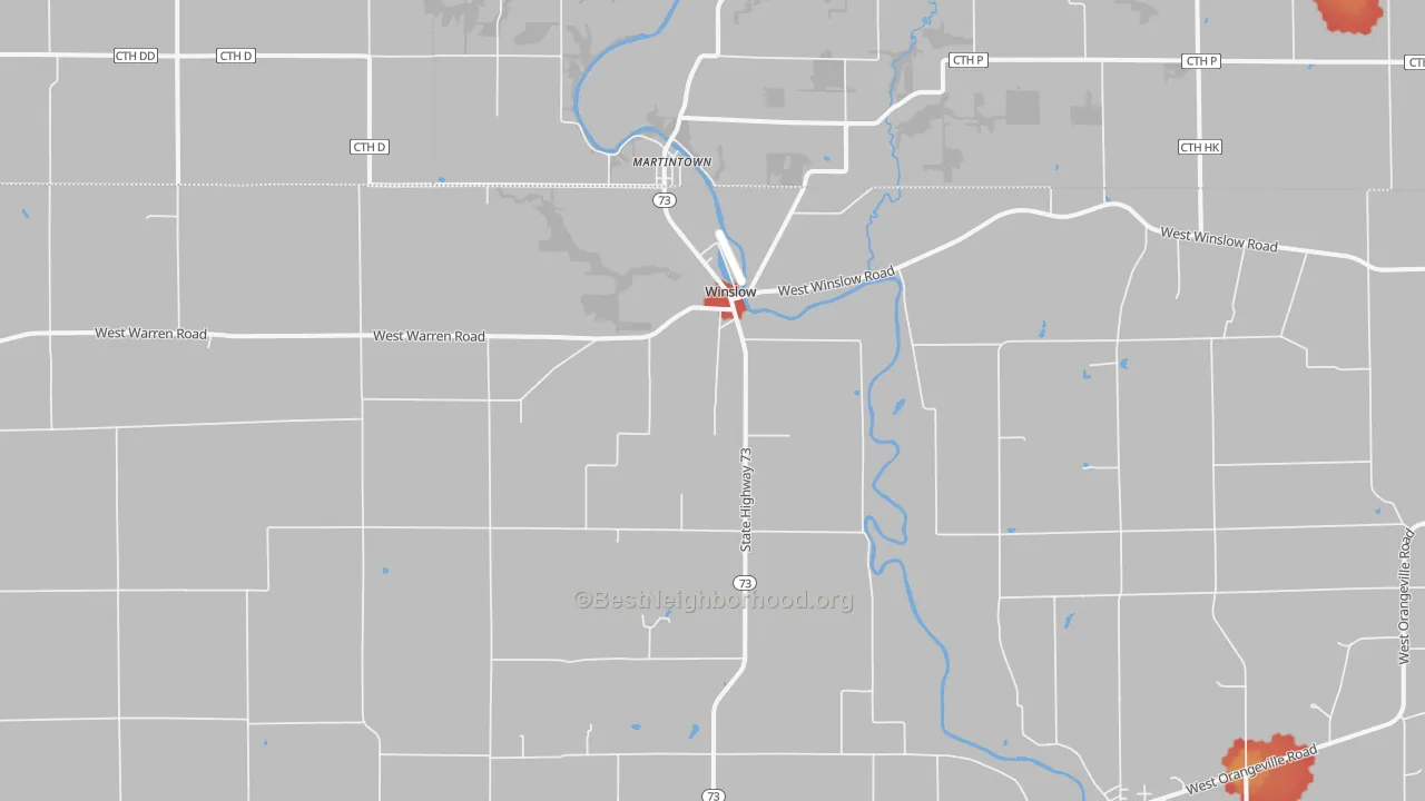 Walk Grade map of 61089, IL, walkable areas in green and car-dependent areas in red