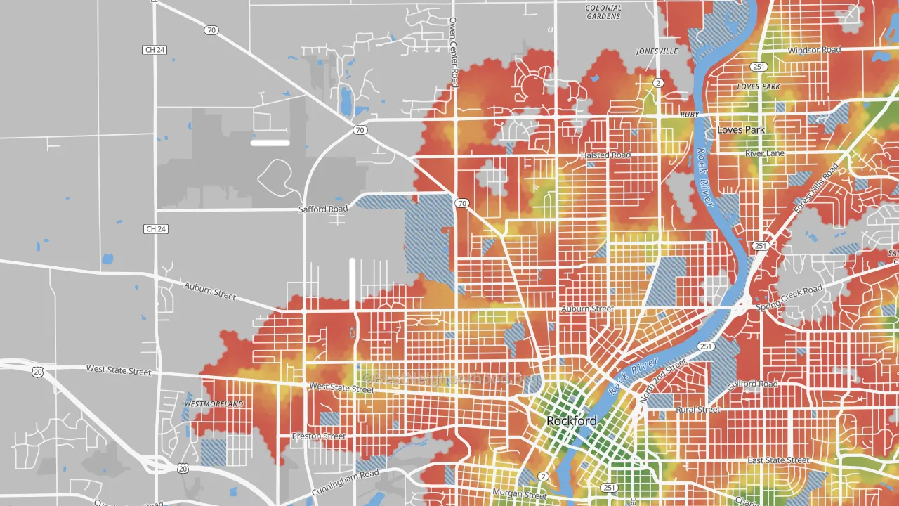 Walk Grade map of 61101, IL, walkable areas in green and car-dependent areas in red