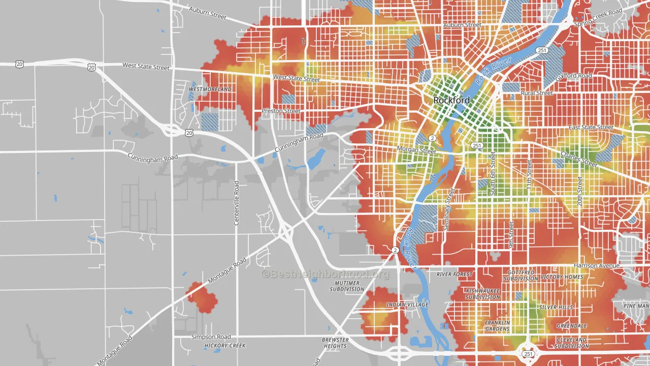 Walk Grade map of 61102, IL, walkable areas in green and car-dependent areas in red