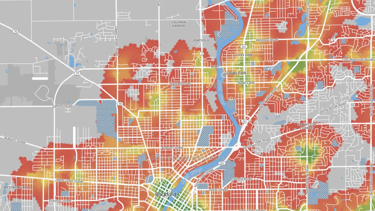 Walk Grade map of 61103, IL, walkable areas in green and car-dependent areas in red