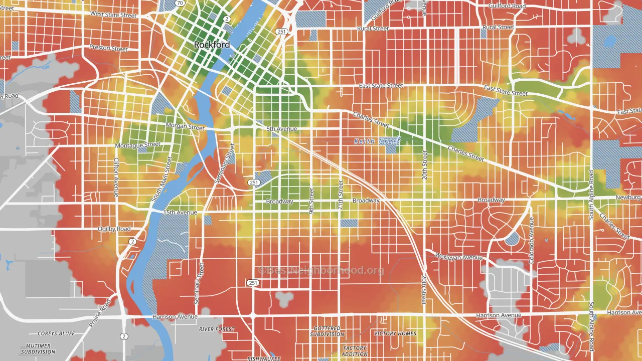 Walk Grade map of 61104, IL, walkable areas in green and car-dependent areas in red