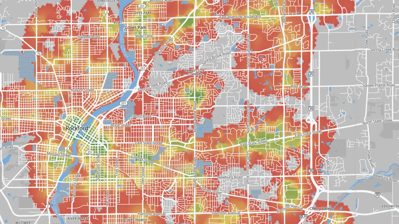 Walk Grade map of 61107, IL, walkable areas in green and car-dependent areas in red