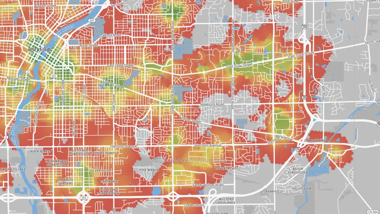 Walk Grade map of 61108, IL, walkable areas in green and car-dependent areas in red