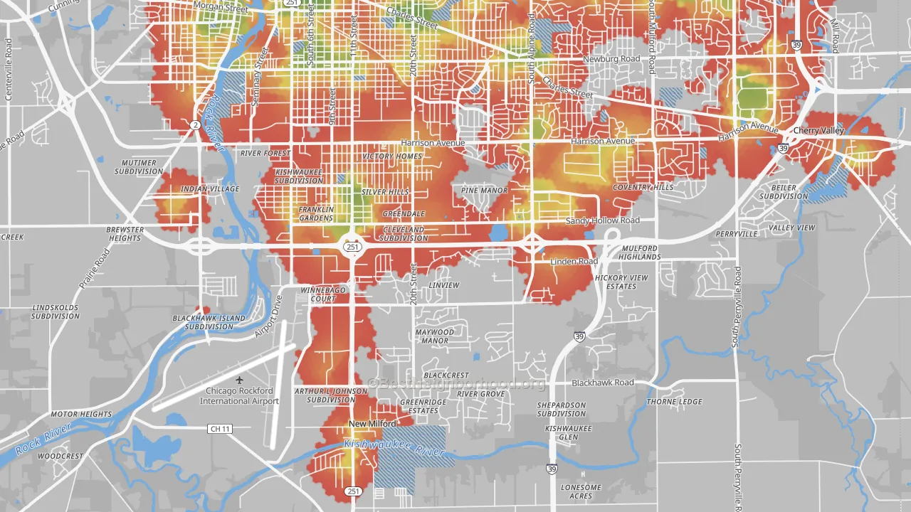 Walk Grade map of 61109, IL, walkable areas in green and car-dependent areas in red