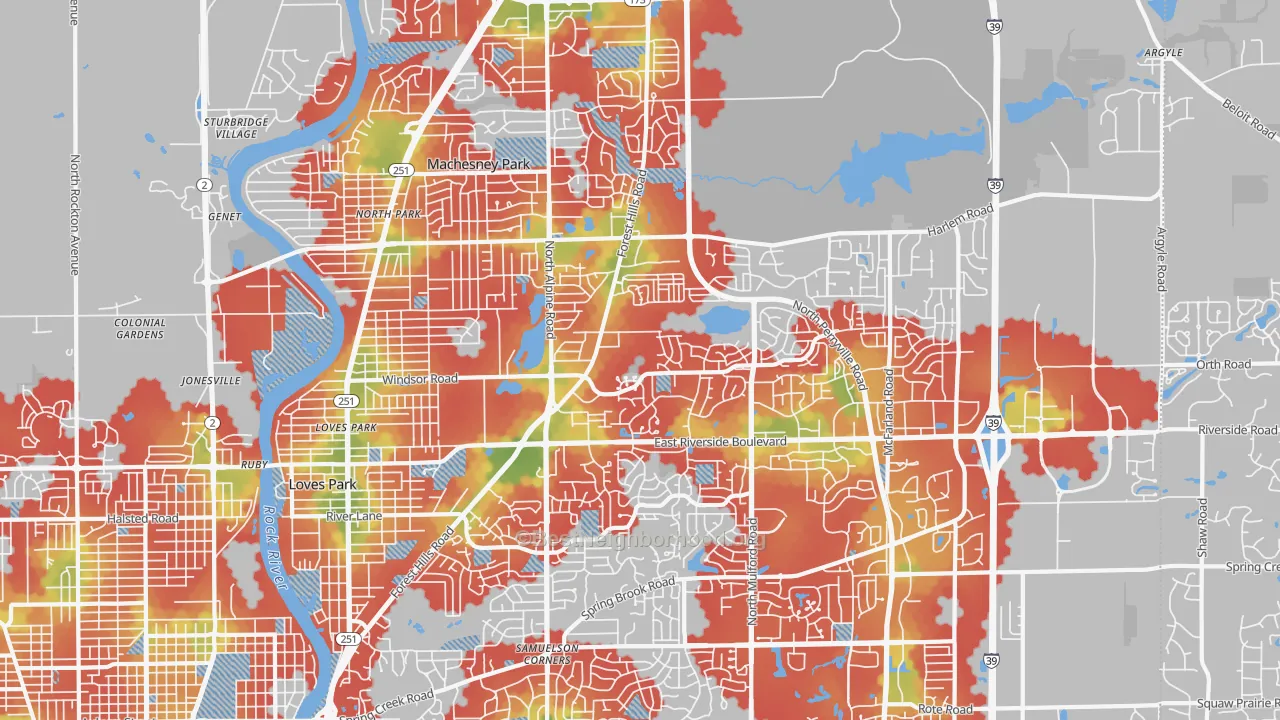 Walk Grade map of 61111, IL, walkable areas in green and car-dependent areas in red