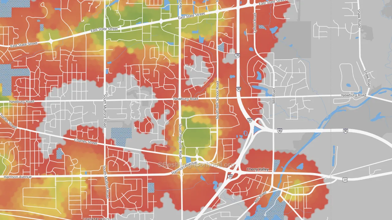 Walk Grade map of 61112, IL, walkable areas in green and car-dependent areas in red
