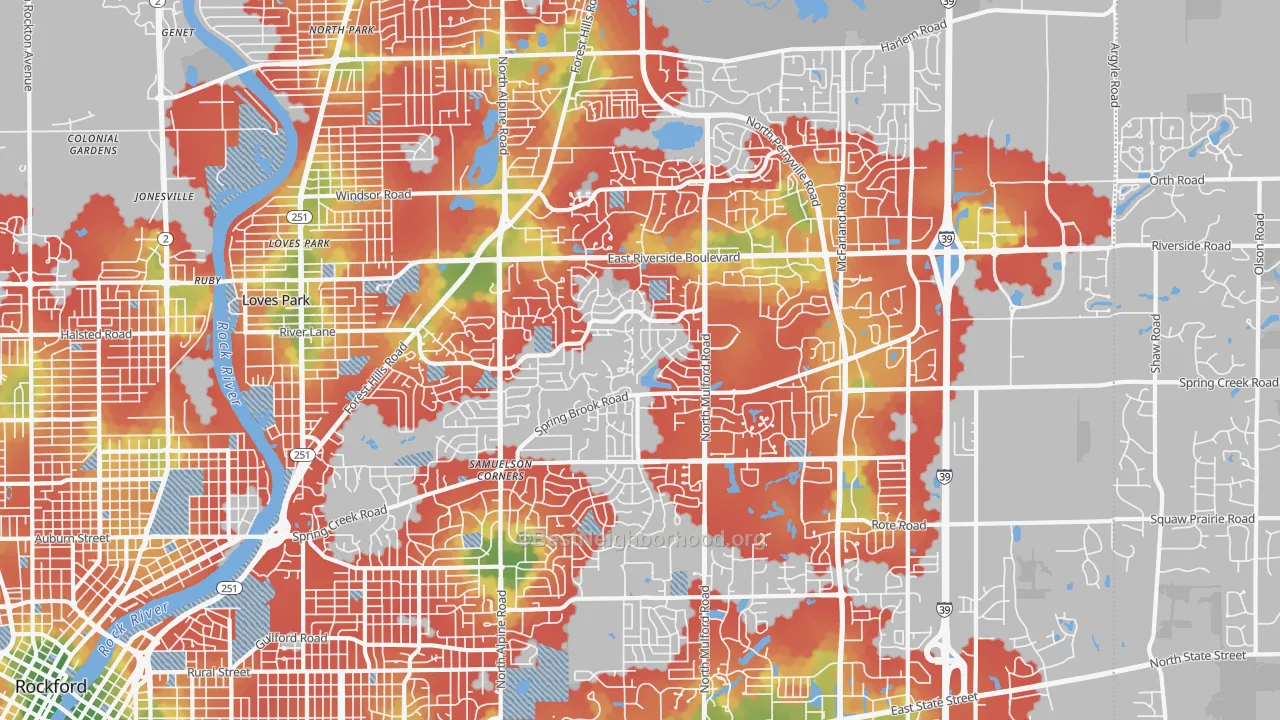 Walk Grade map of 61114, IL, walkable areas in green and car-dependent areas in red