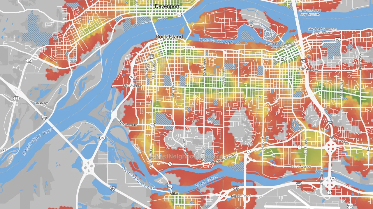 Walk Grade map of 61201, IL, walkable areas in green and car-dependent areas in red