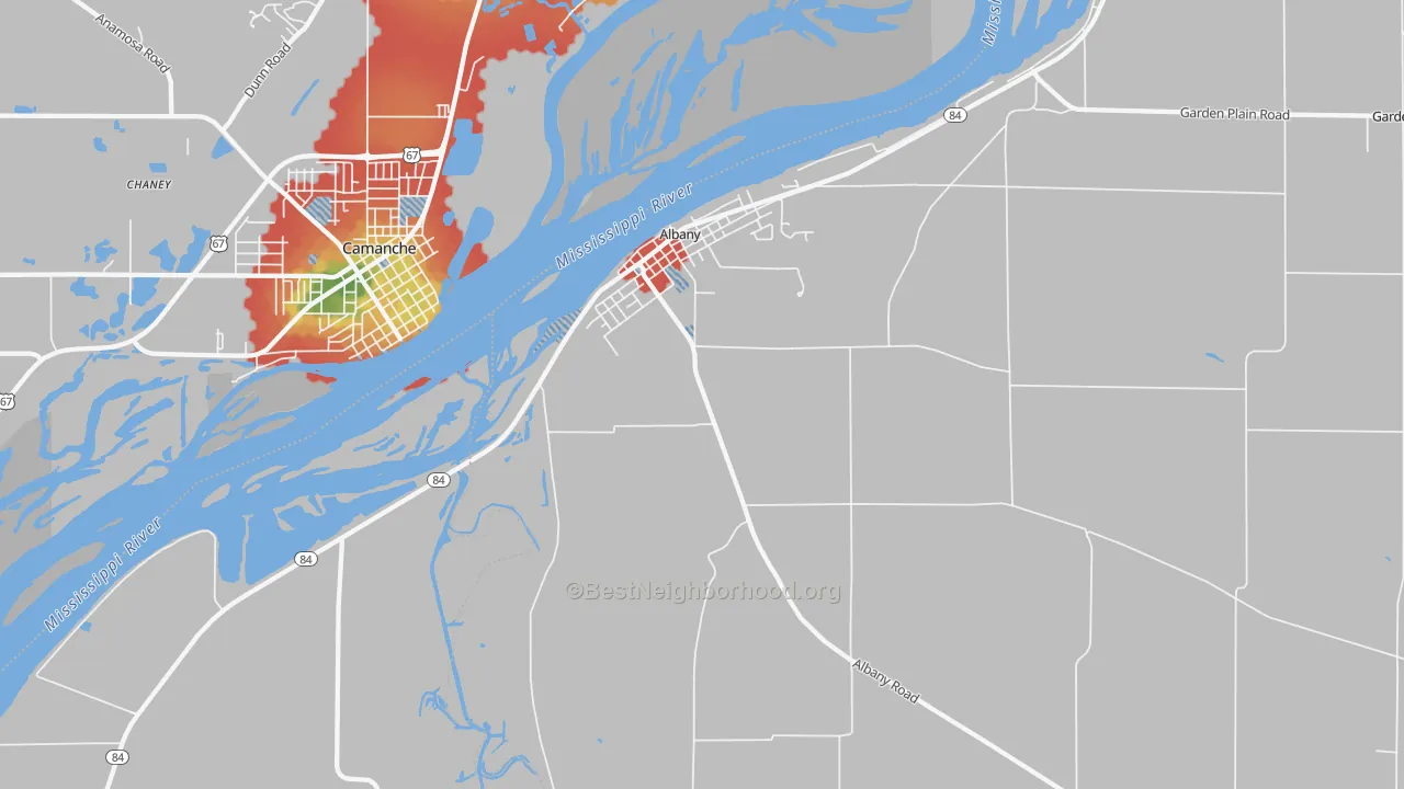 Walk Grade map of 61230, IL, walkable areas in green and car-dependent areas in red