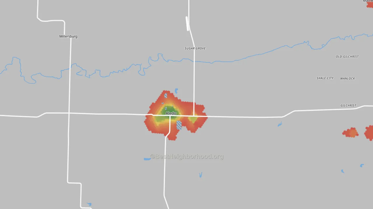 Walk Grade map of 61231, IL, walkable areas in green and car-dependent areas in red