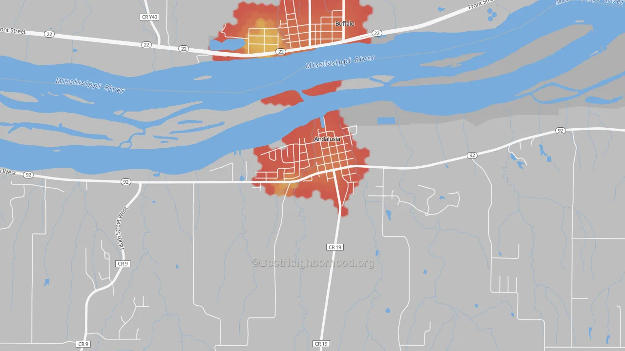 Walk Grade map of 61232, IL, walkable areas in green and car-dependent areas in red