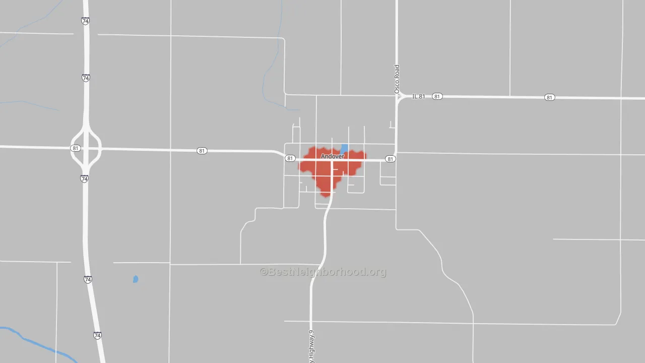 Walk Grade map of 61233, IL, walkable areas in green and car-dependent areas in red