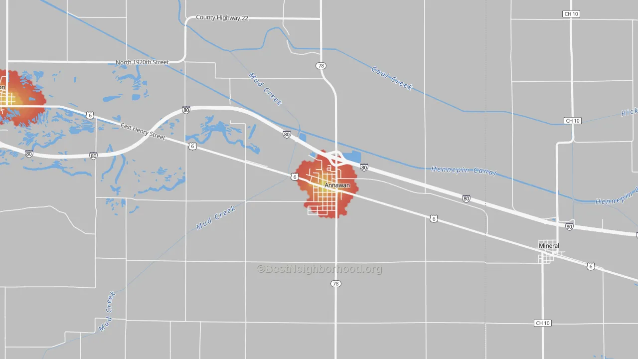 Walk Grade map of 61234, IL, walkable areas in green and car-dependent areas in red