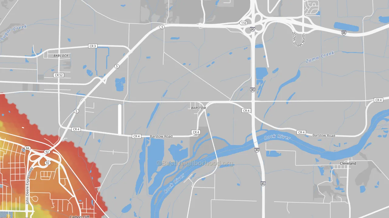 Walk Grade map of 61236, IL, walkable areas in green and car-dependent areas in red