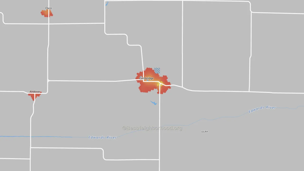 Walk Grade map of 61238, IL, walkable areas in green and car-dependent areas in red
