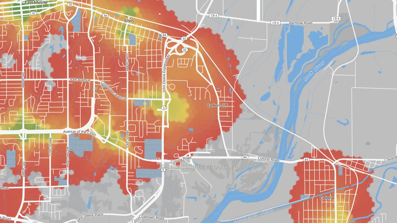 Walk Grade map of 61239, IL, walkable areas in green and car-dependent areas in red