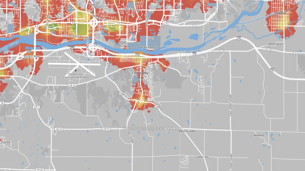 Walk Grade map of 61240, IL, walkable areas in green and car-dependent areas in red