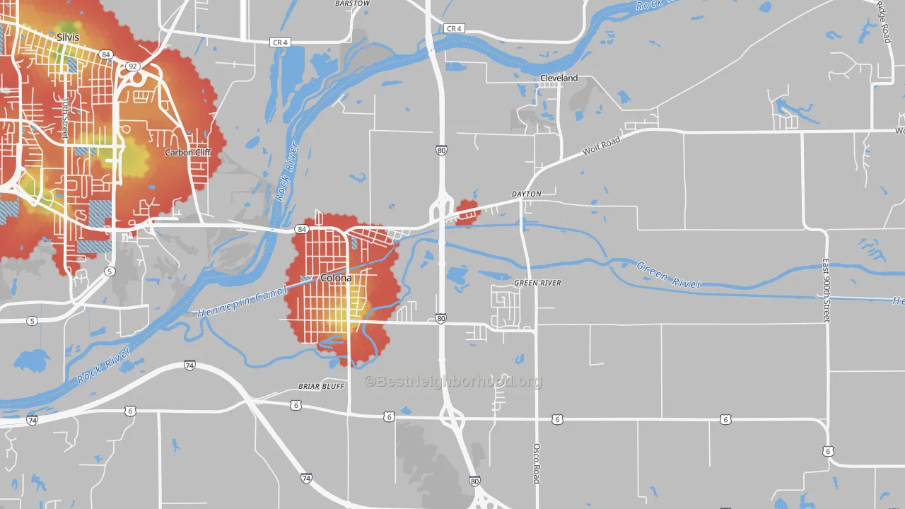 Walk Grade map of 61241, IL, walkable areas in green and car-dependent areas in red