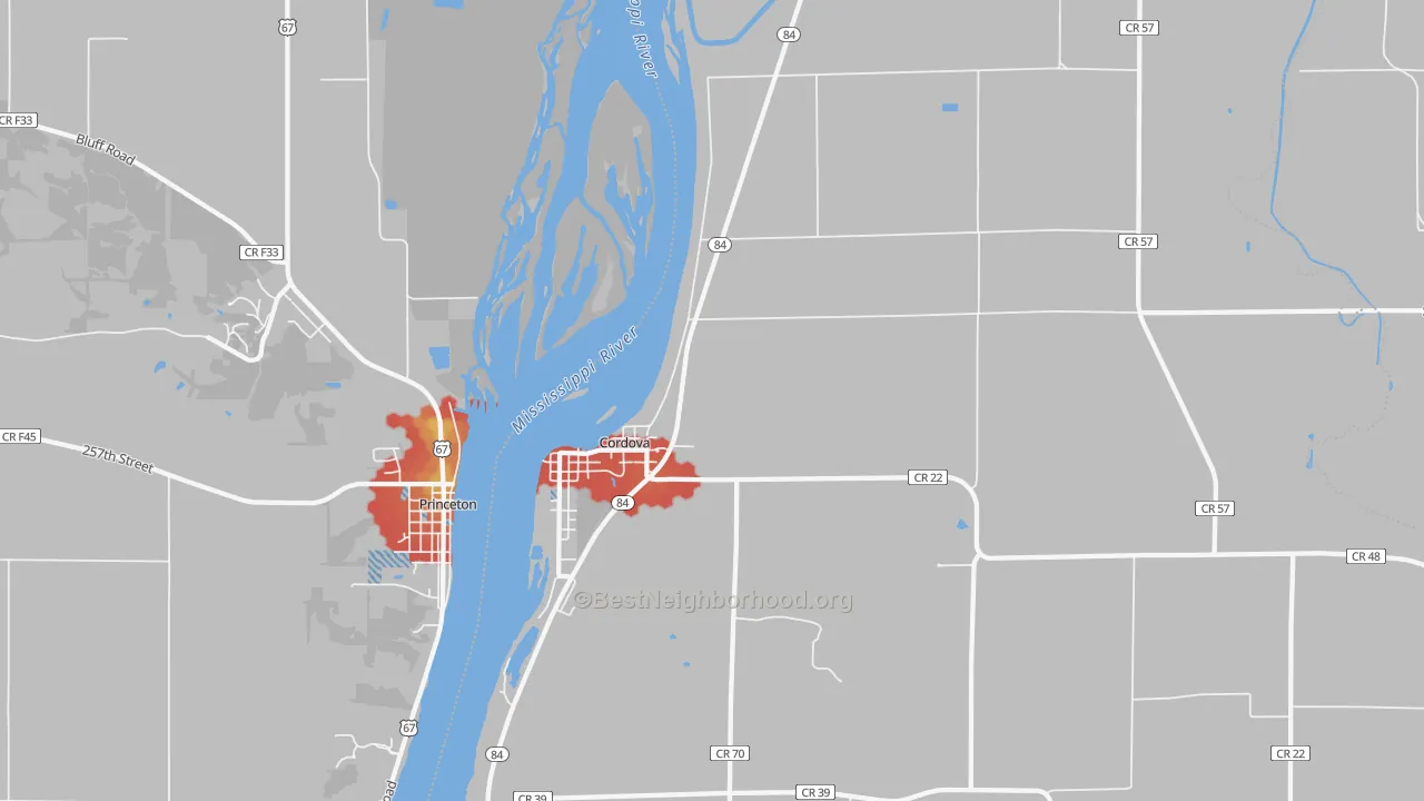Walk Grade map of 61242, IL, walkable areas in green and car-dependent areas in red
