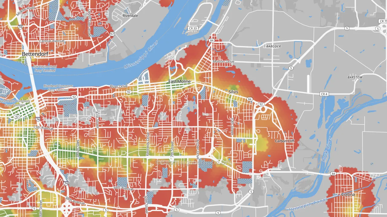 Walk Grade map of 61244, IL, walkable areas in green and car-dependent areas in red
