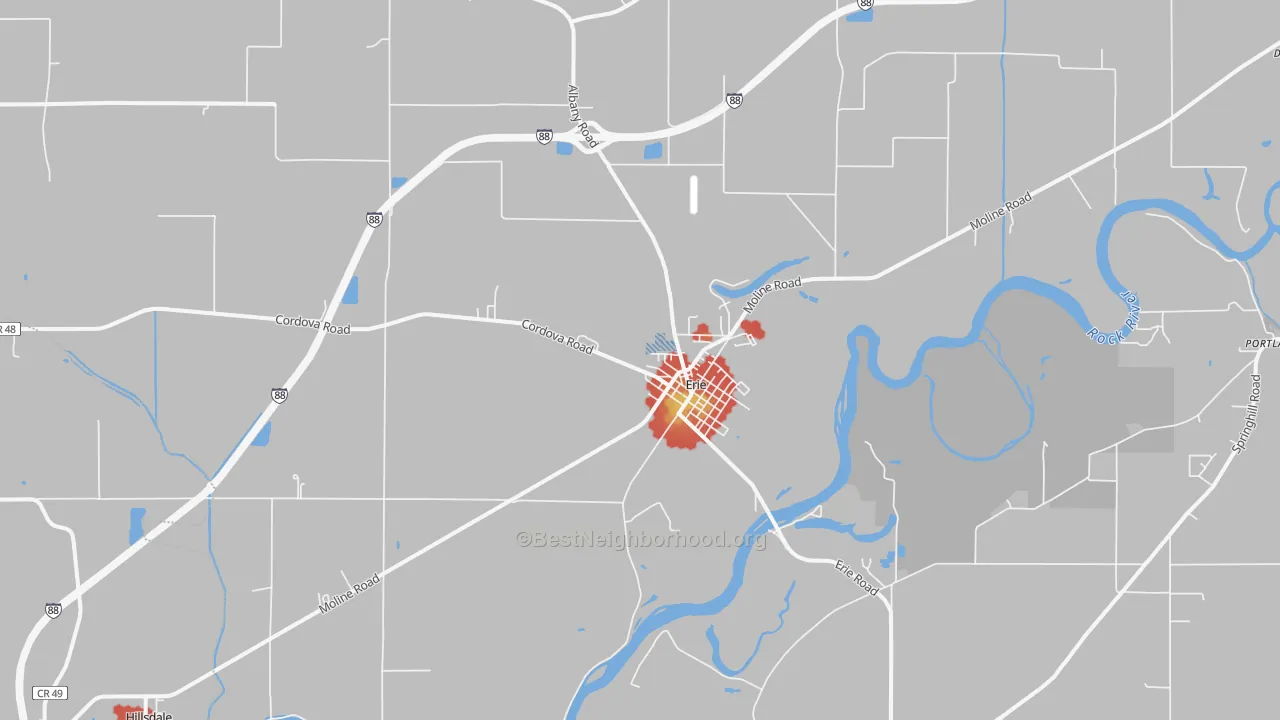 Walk Grade map of 61250, IL, walkable areas in green and car-dependent areas in red