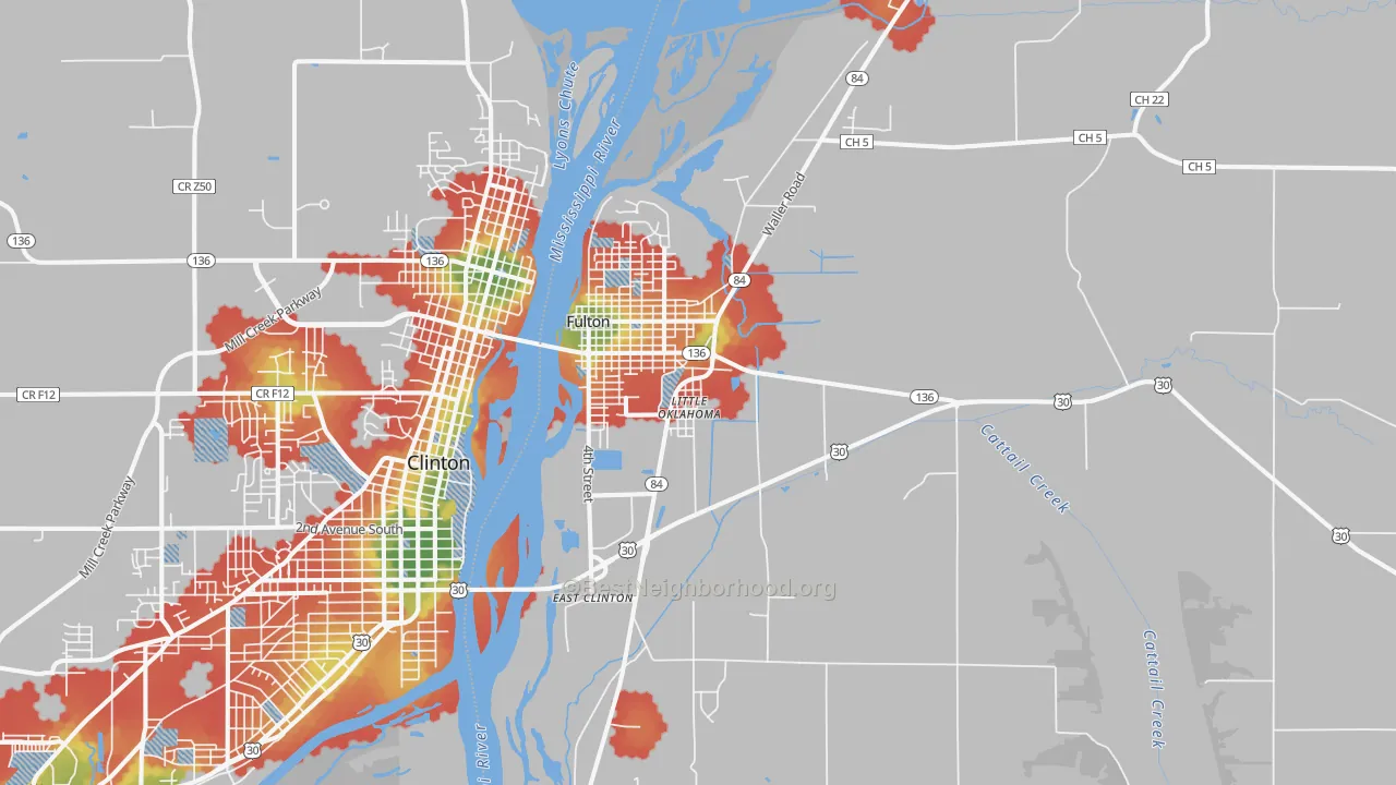 Walk Grade map of 61252, IL, walkable areas in green and car-dependent areas in red