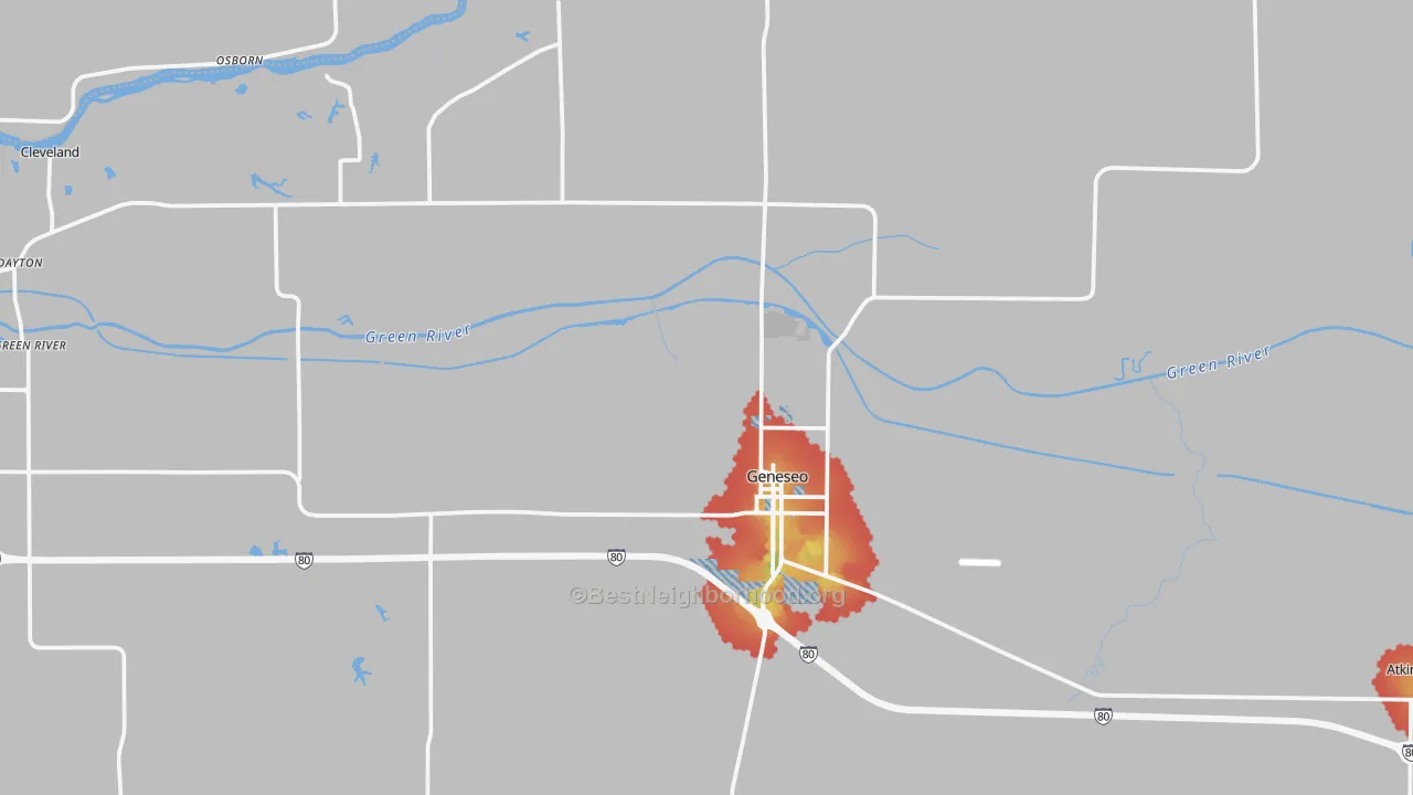 Walk Grade map of 61254, IL, walkable areas in green and car-dependent areas in red