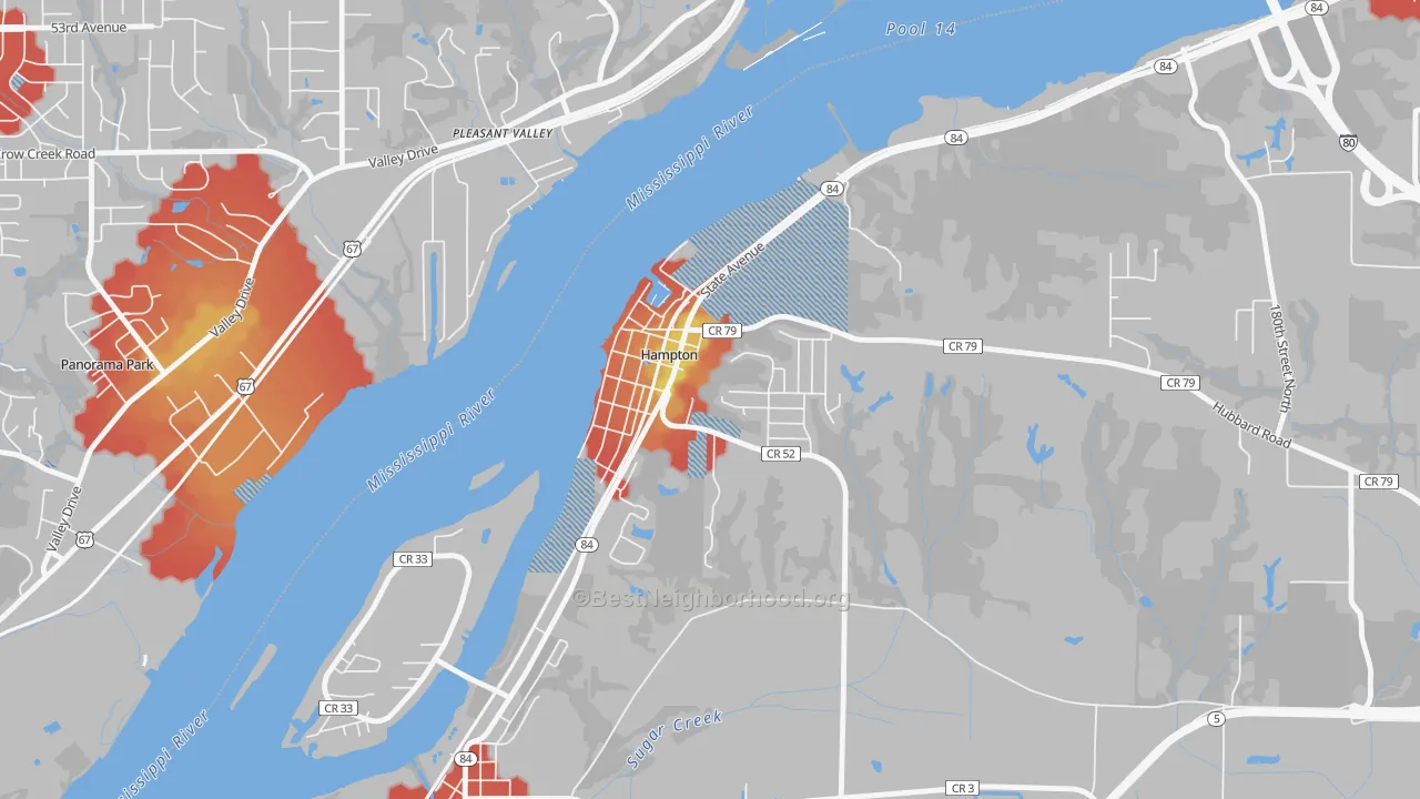 Walk Grade map of 61256, IL, walkable areas in green and car-dependent areas in red