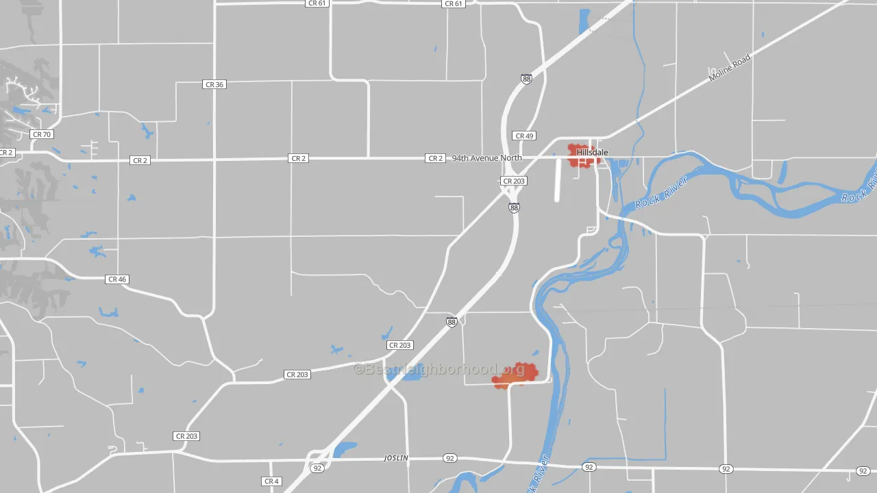 Walk Grade map of 61257, IL, walkable areas in green and car-dependent areas in red