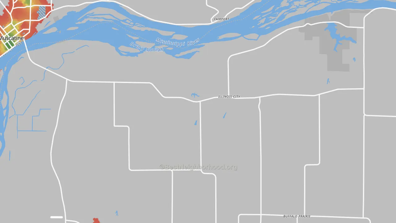 Walk Grade map of 61259, IL, walkable areas in green and car-dependent areas in red