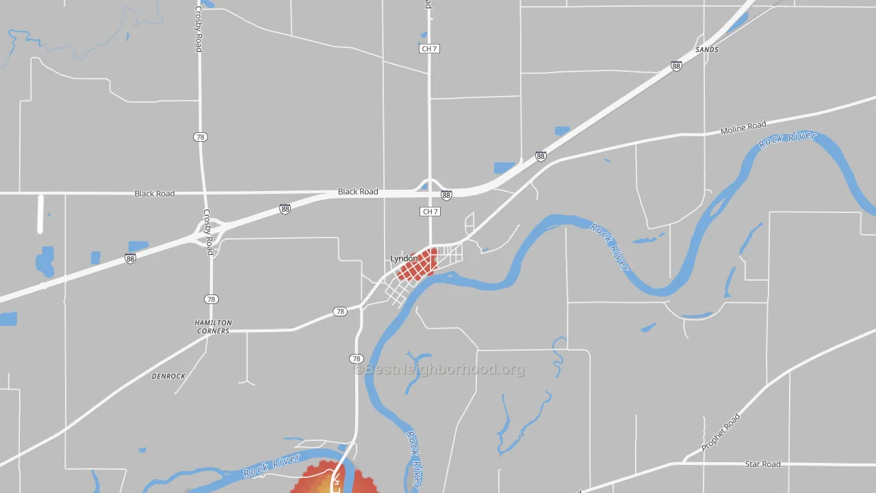 Walk Grade map of 61261, IL, walkable areas in green and car-dependent areas in red