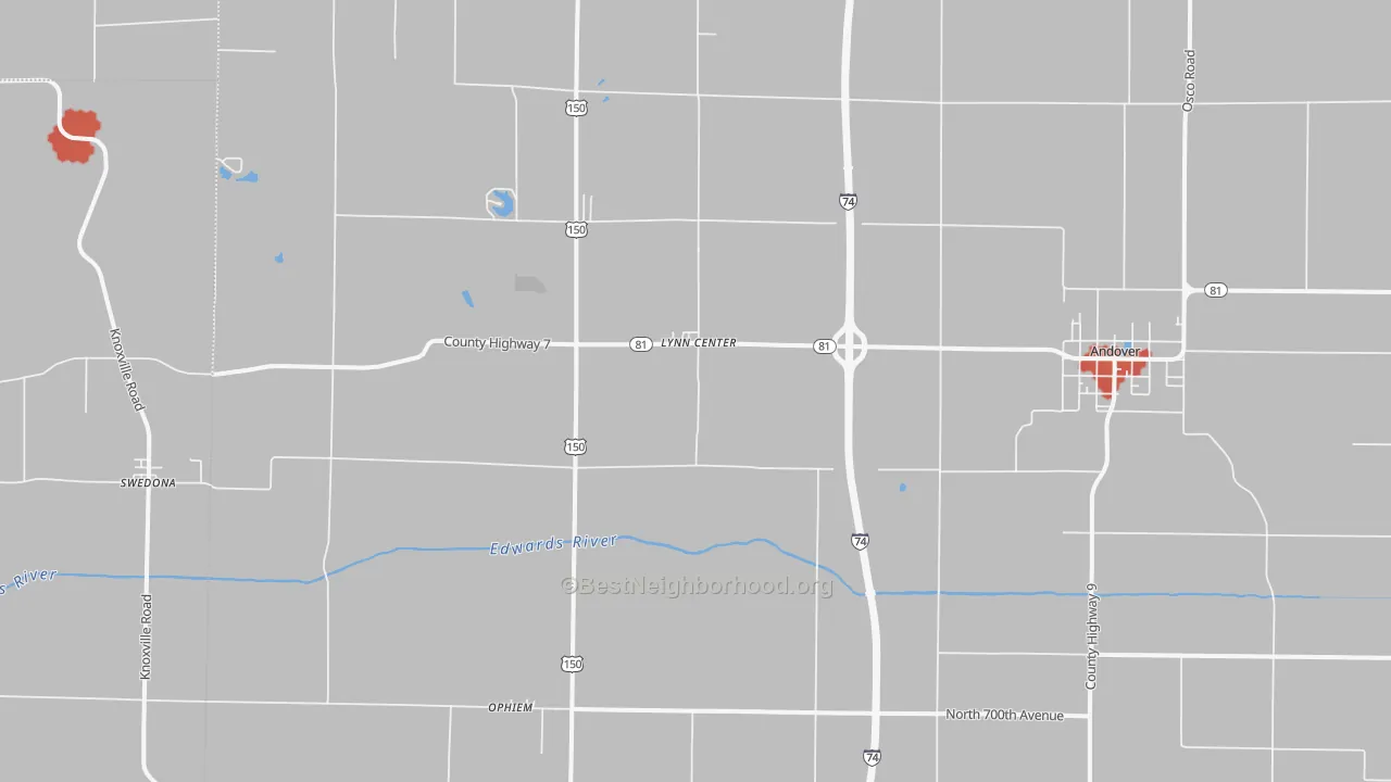 Walk Grade map of 61262, IL, walkable areas in green and car-dependent areas in red