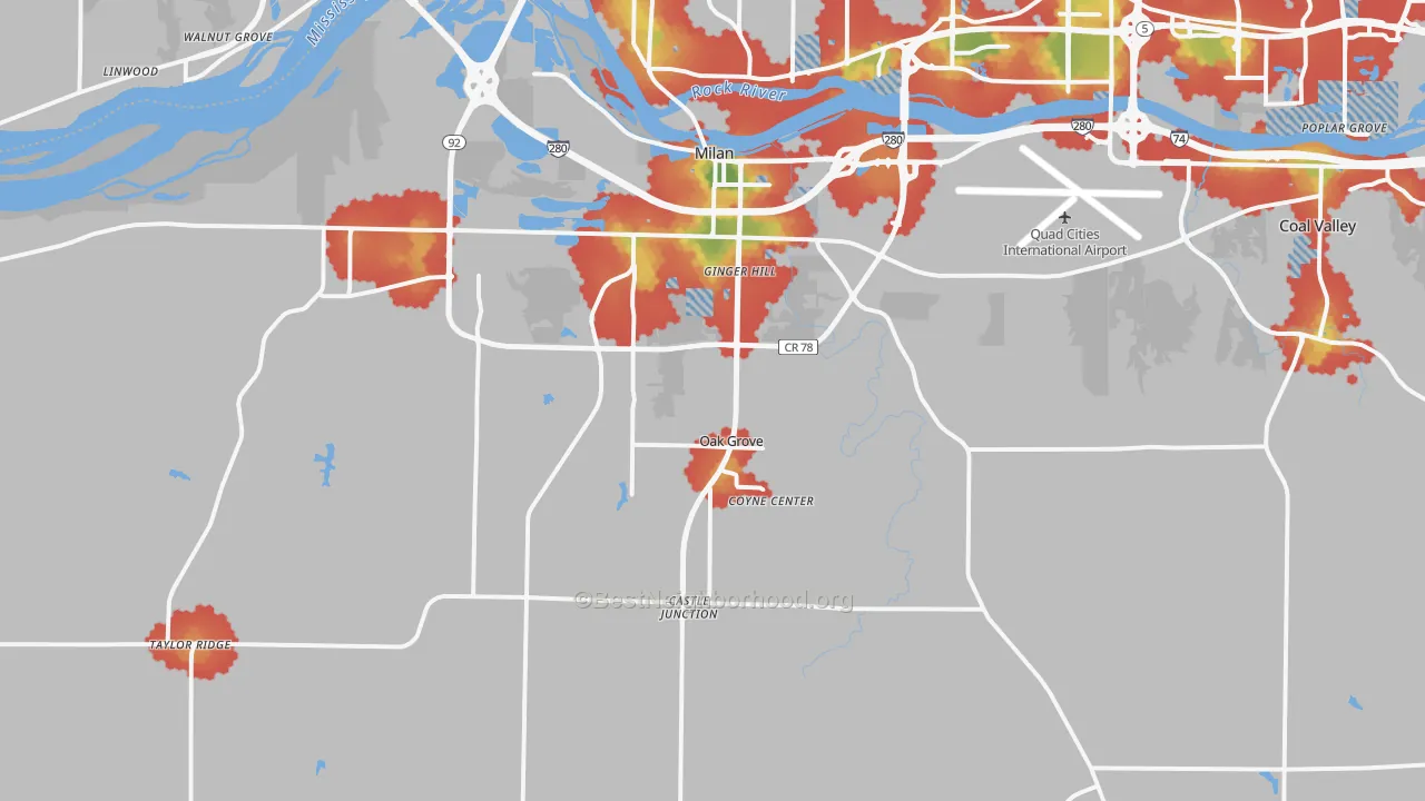 Walk Grade map of 61264, IL, walkable areas in green and car-dependent areas in red