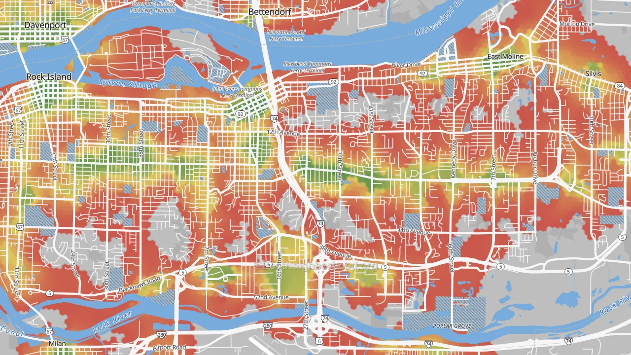 Walk Grade map of 61265, IL, walkable areas in green and car-dependent areas in red